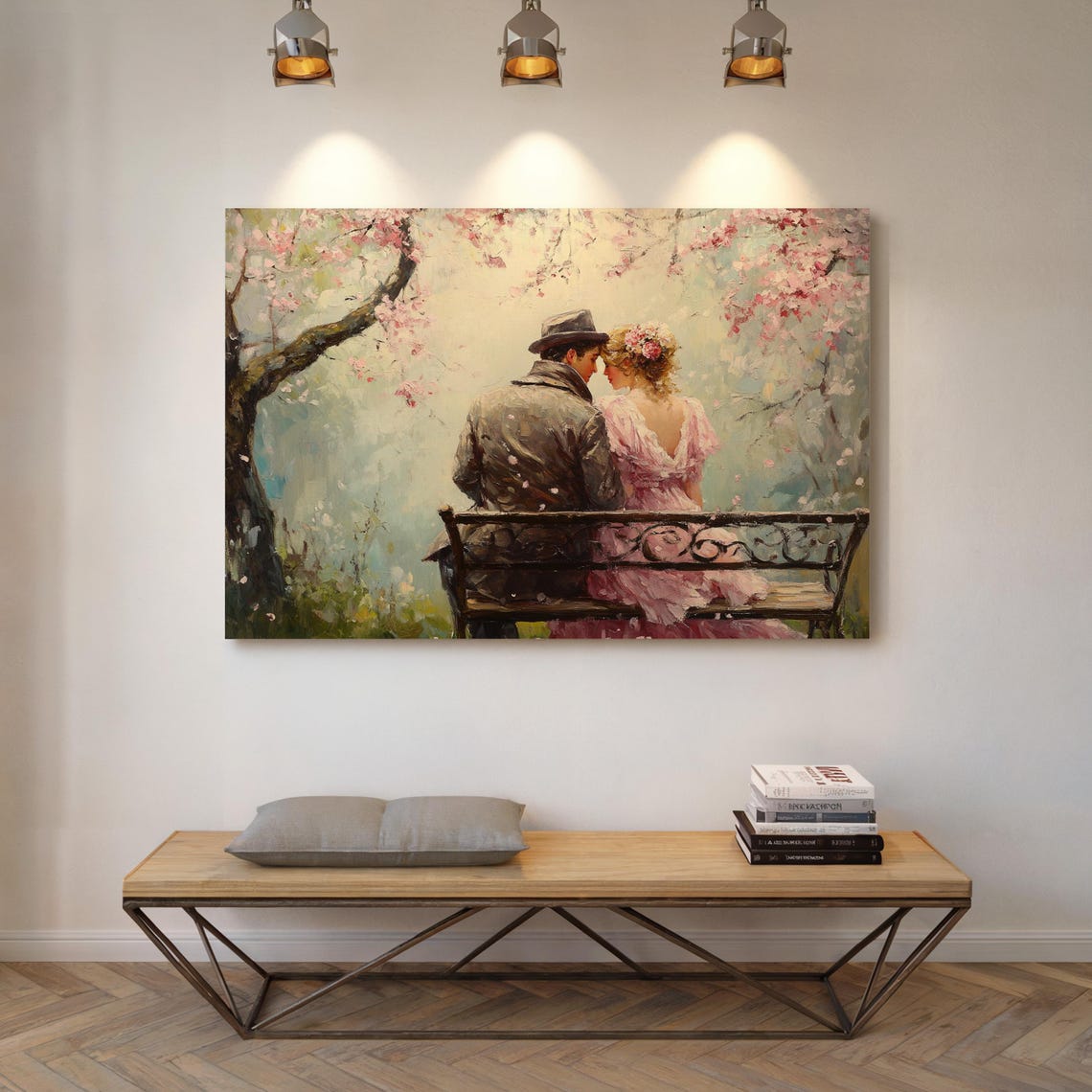 Vintage Couple On Bench Under Cherry Blossom Tree Romance Wall Art - Image 6