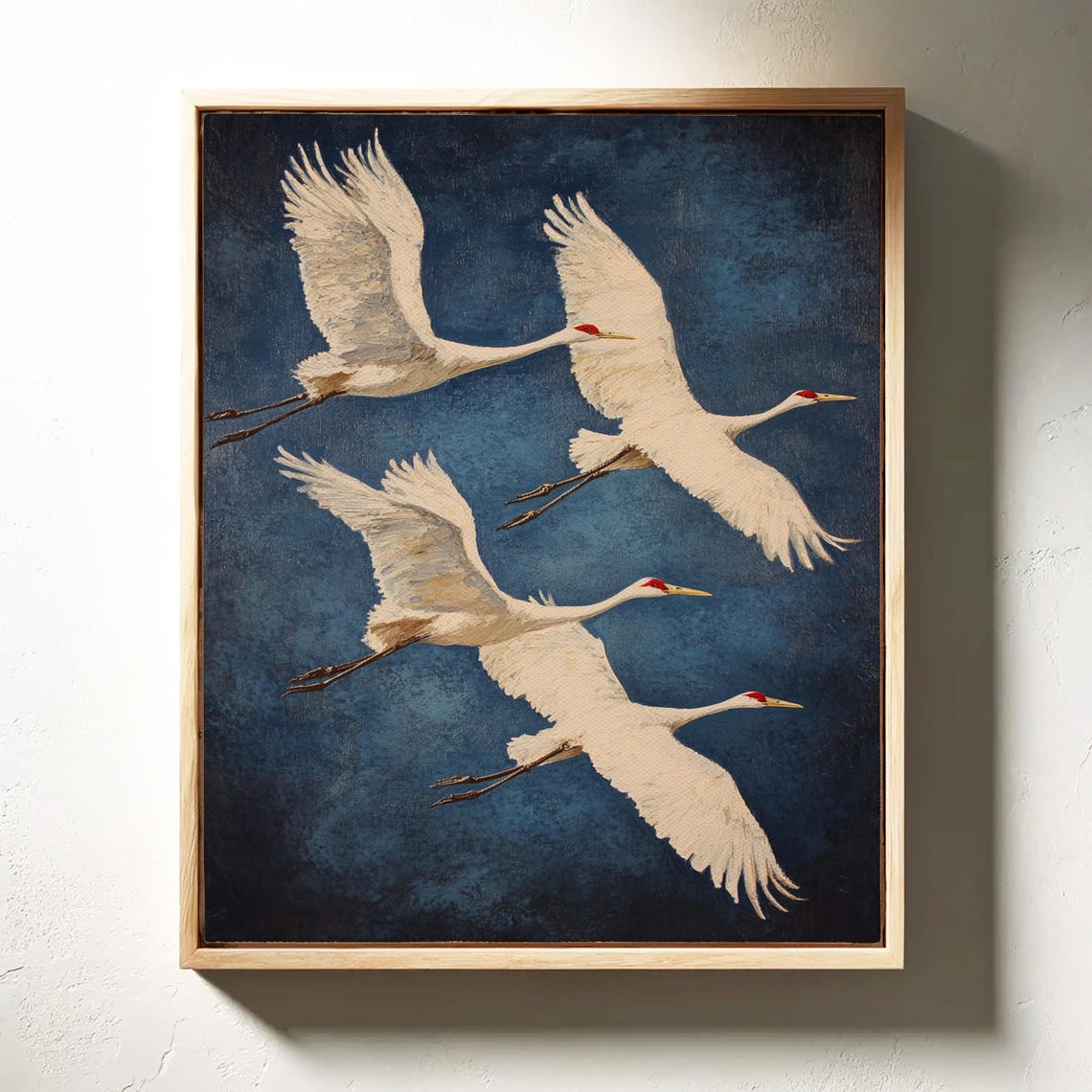 Four Flying White Cranes On Deep Navy Vintage Bird Art Poster - Image 6