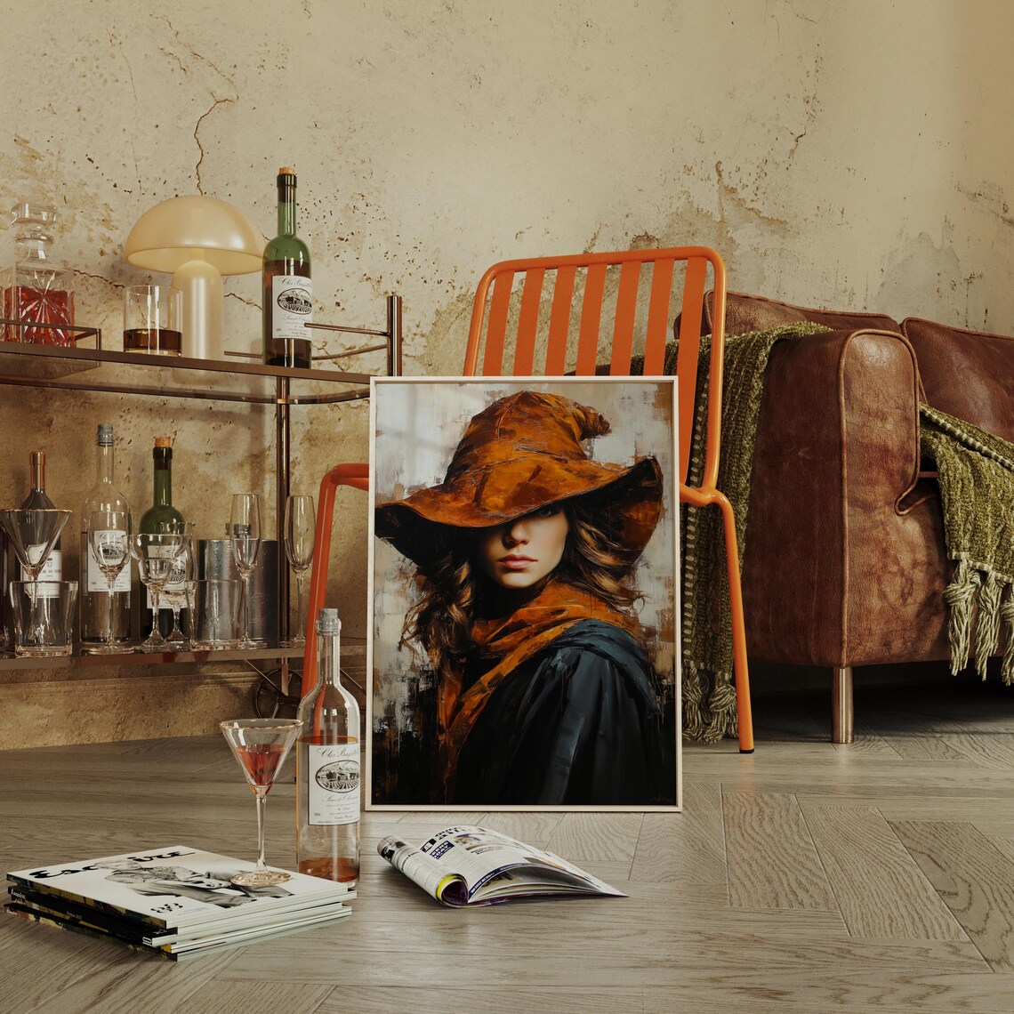 Cowgirl In Amber Hat Rust Scarf Dark Coat Dramatic Western Portrait Poster