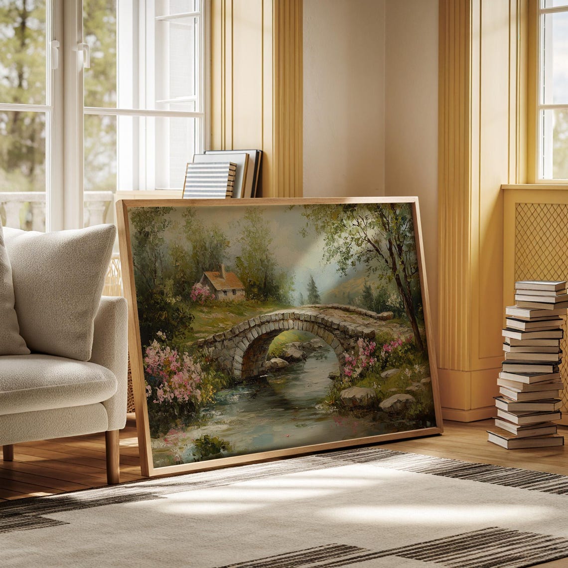 Stone Arch Bridge Over Stream With Pink Blossoms Cottage Wall Art