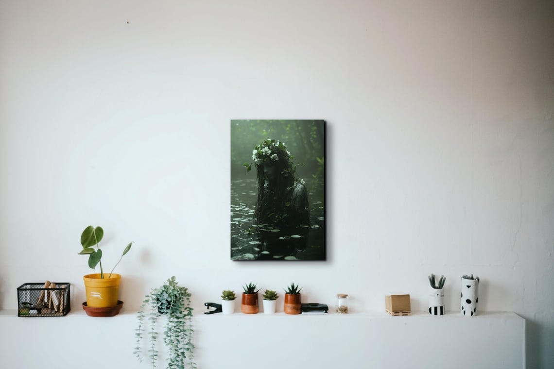 Woodland Water Spirit with Leaf Crown Dark Forest Wall Poster - Image 6