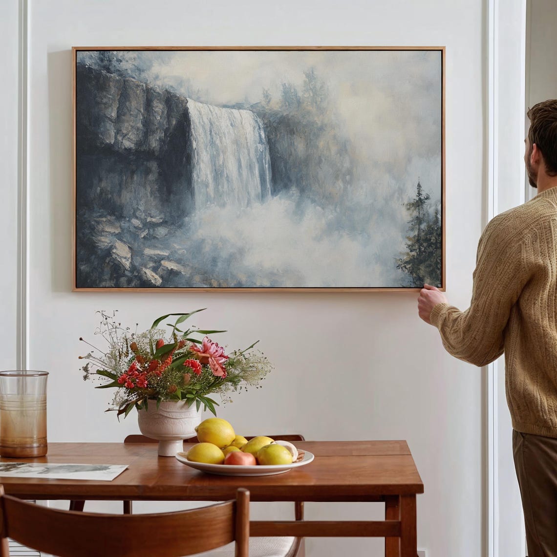 Misty Waterfall Ethereal Blue Gray Landscape Painting Poster - Image 2