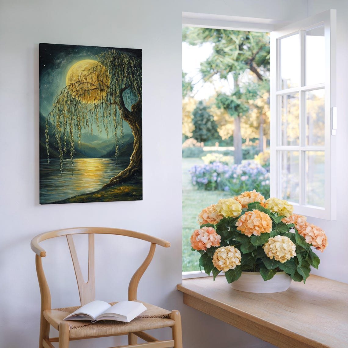 Enchanting Moonlit Willow Tree Serene Nature Art With Glowing Full Moon And Reflective Water Tranquil Wall Decor - Image 4