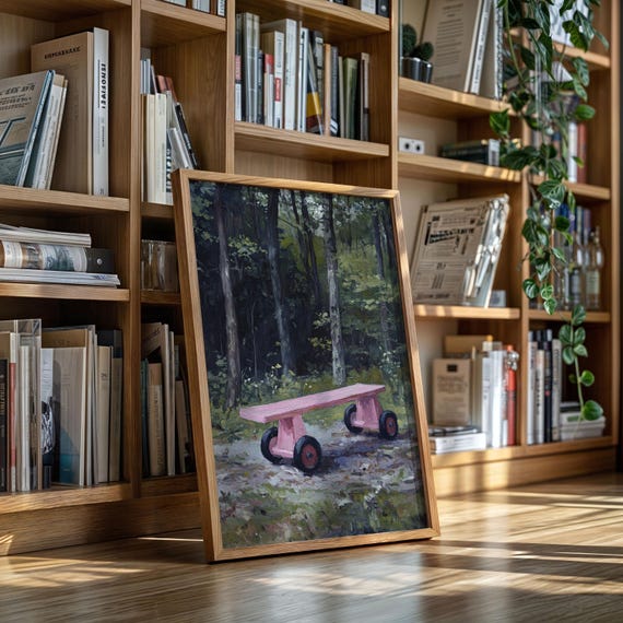 Pink Bench With Wheels Surreal Forest Landscape Art