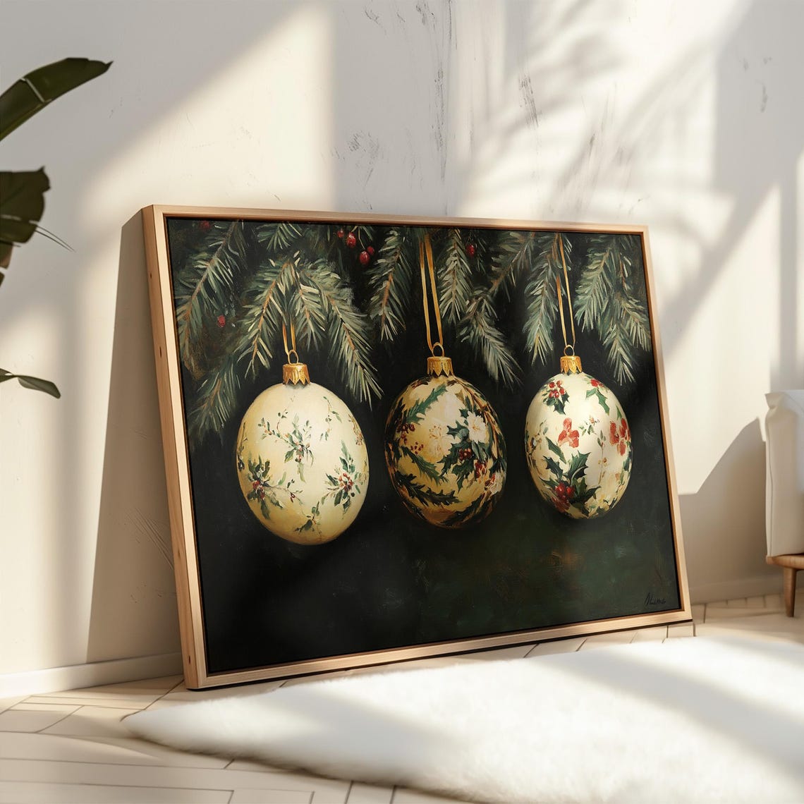Holly Porcelain Christmas Baubles Pine Branch Dark Holiday Poster