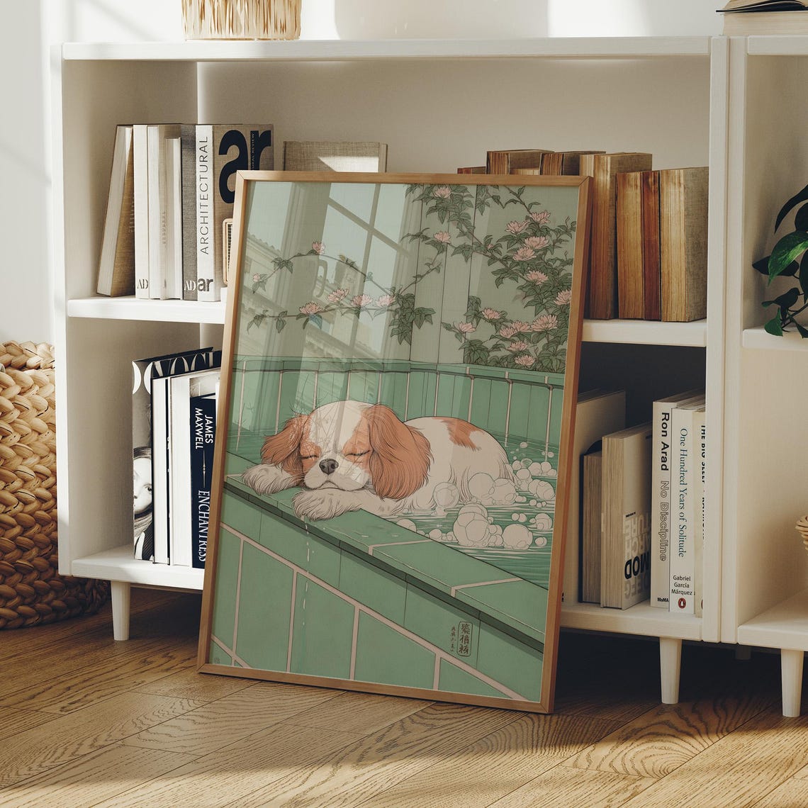 Cavalier Puppy Napping in Bubbly Bathtub Funny Dog Art Poster