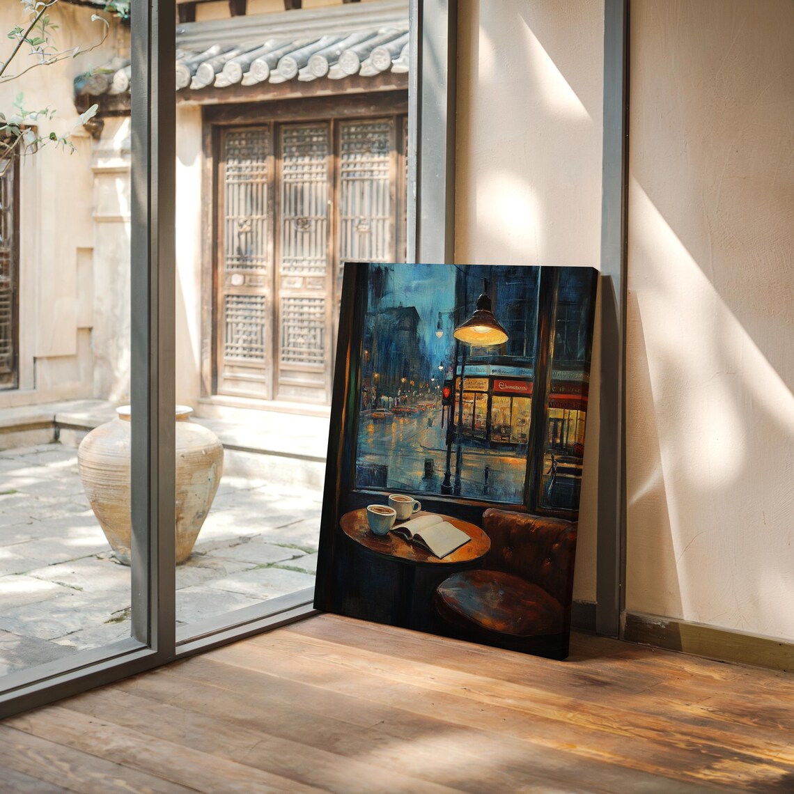 Rainy Night Café Scene Art Print, Urban Reflections - Image 4