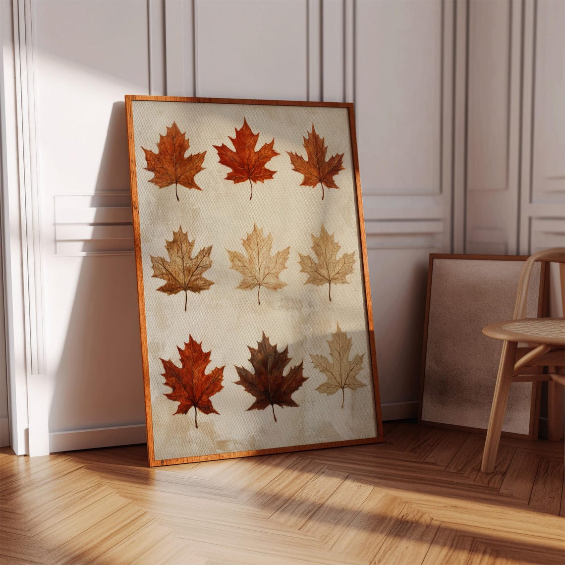 Nine Maple Leaves Autumn Botanical Rustic Neutral Grid Poster