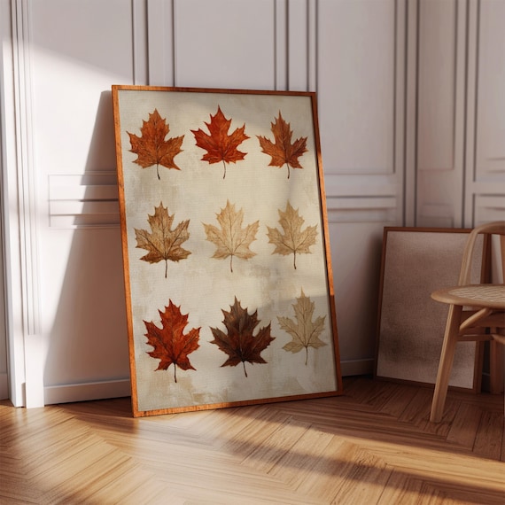 Nine Maple Leaves Autumn Botanical Rustic Neutral Grid Poster