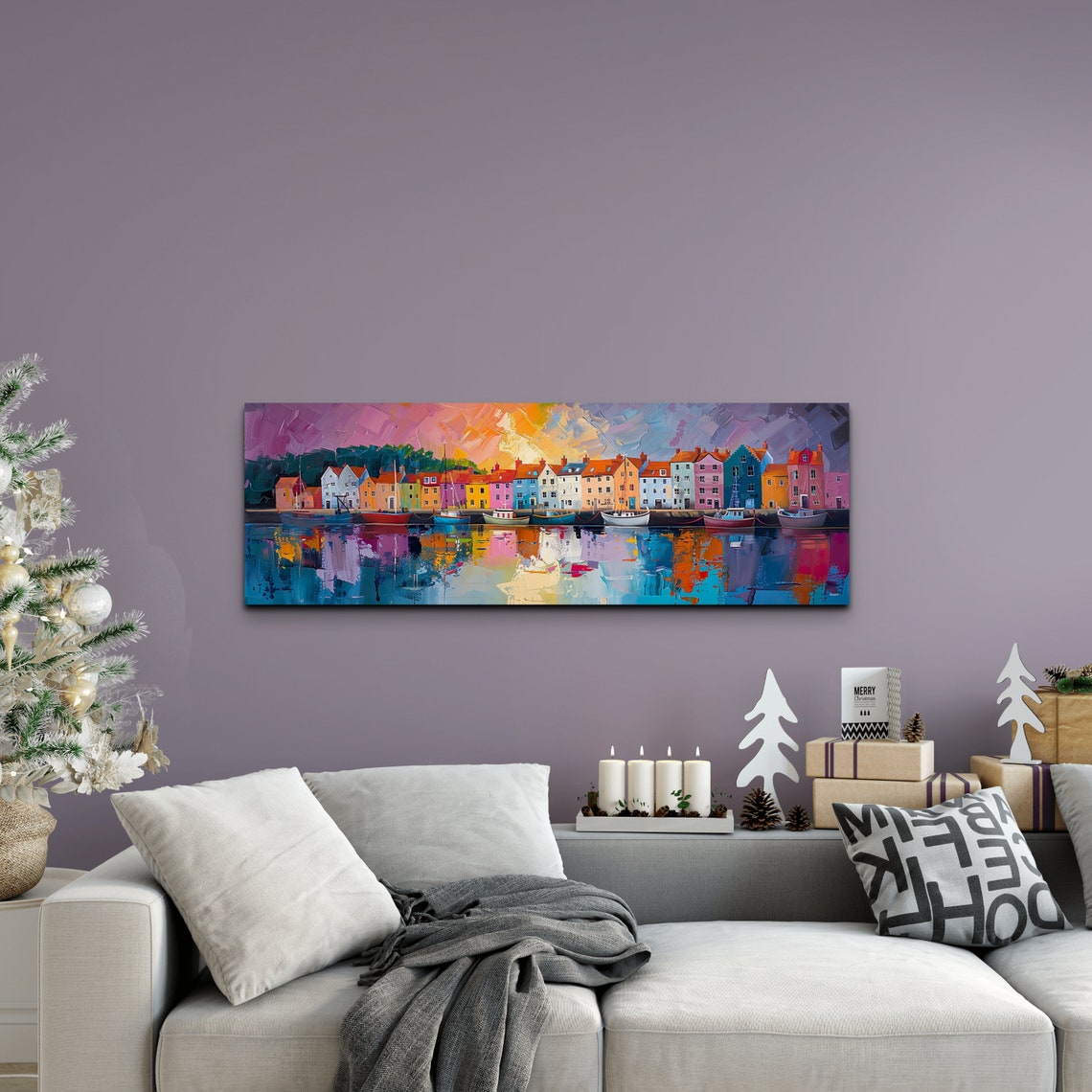 Vibrant Harbor Village With Colorful Boats At Dusk Panoramic Poster - Image 5
