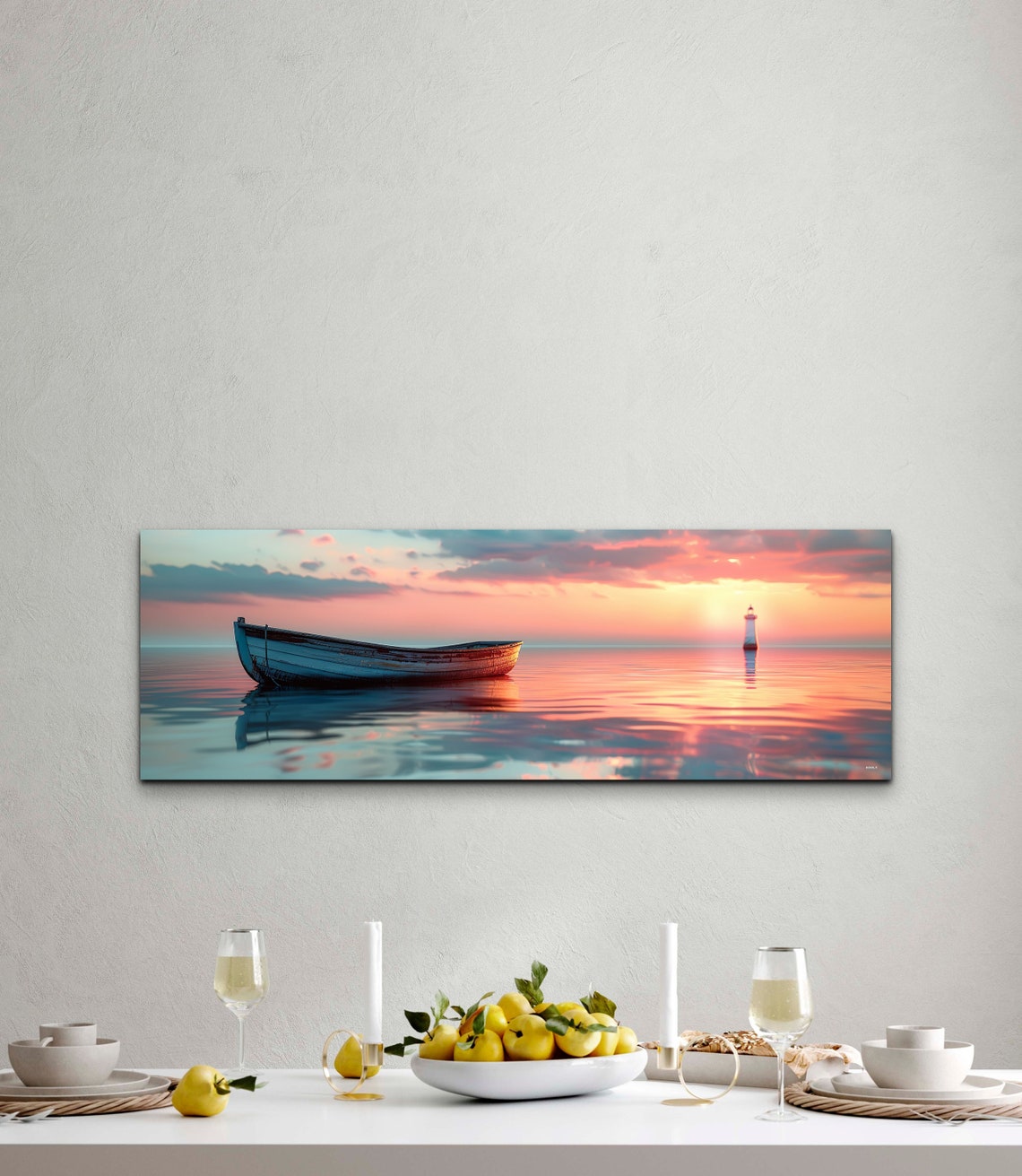 Rowboat Floating on Mirror Calm Sea at Pink Sunset Panoramic Poster - Image 3