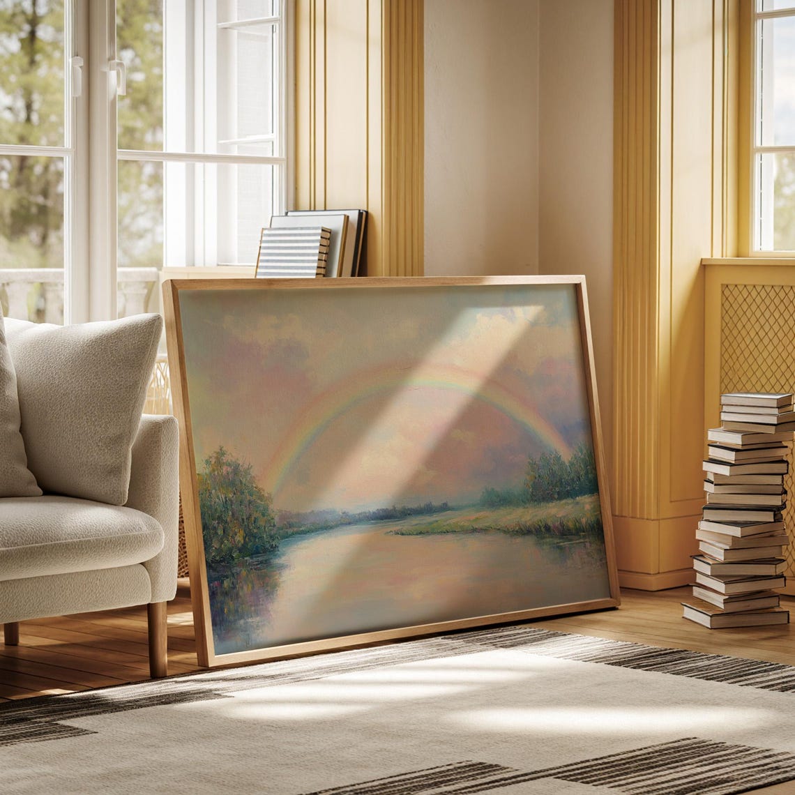 Serene Rainbow Over Calm River Peaceful Pastel Landscape Poster - Image 3