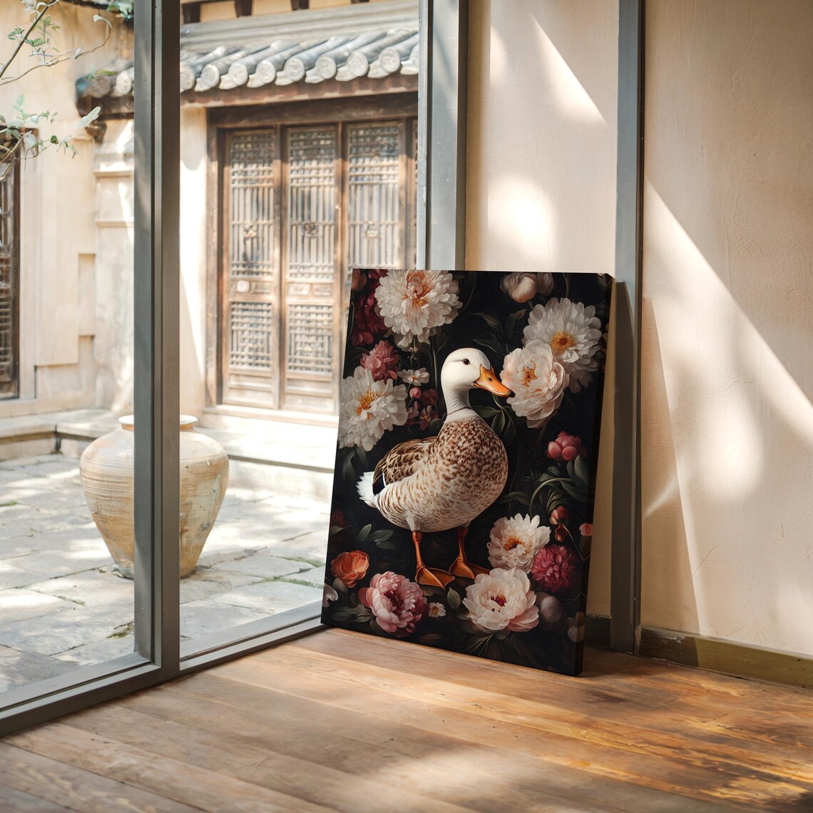 Duck Standing Among White and Pink Peonies Dark Floral Poster - Image 6