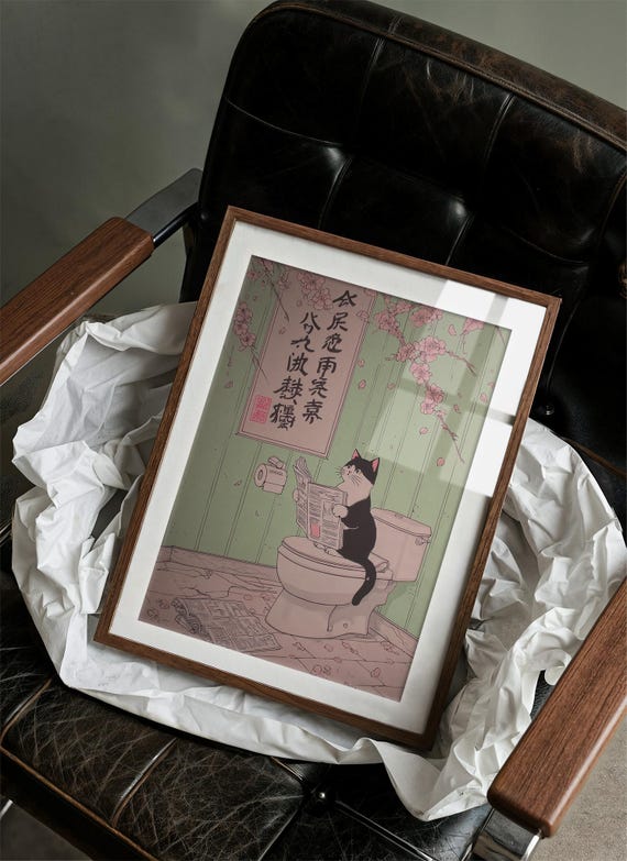 Funny Cat Reading Newspaper on Toilet Japanese Style Art Poster