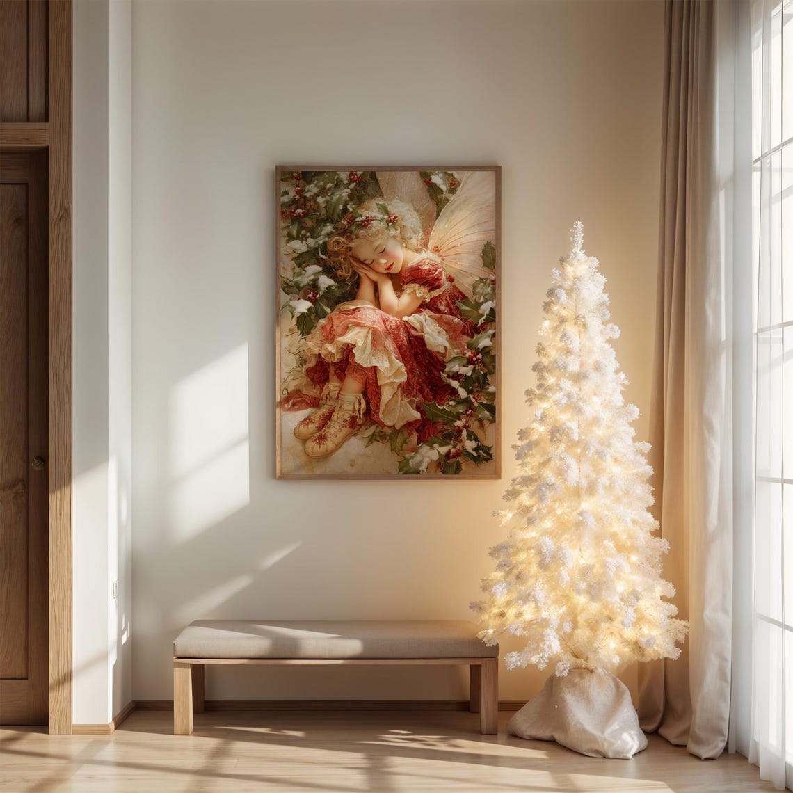 Sleeping Christmas Angel In Red Dress Among Holly Vintage Poster