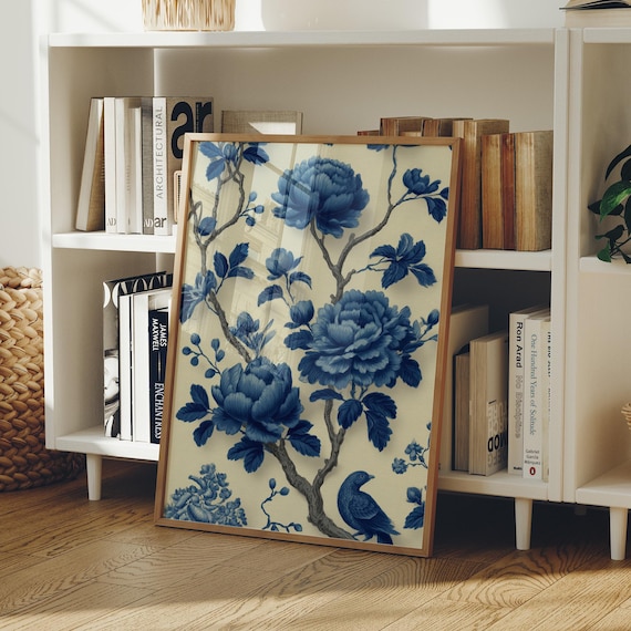 Blue Peony Songbird Chinoiserie Floral Elegant Botanical Art Poster