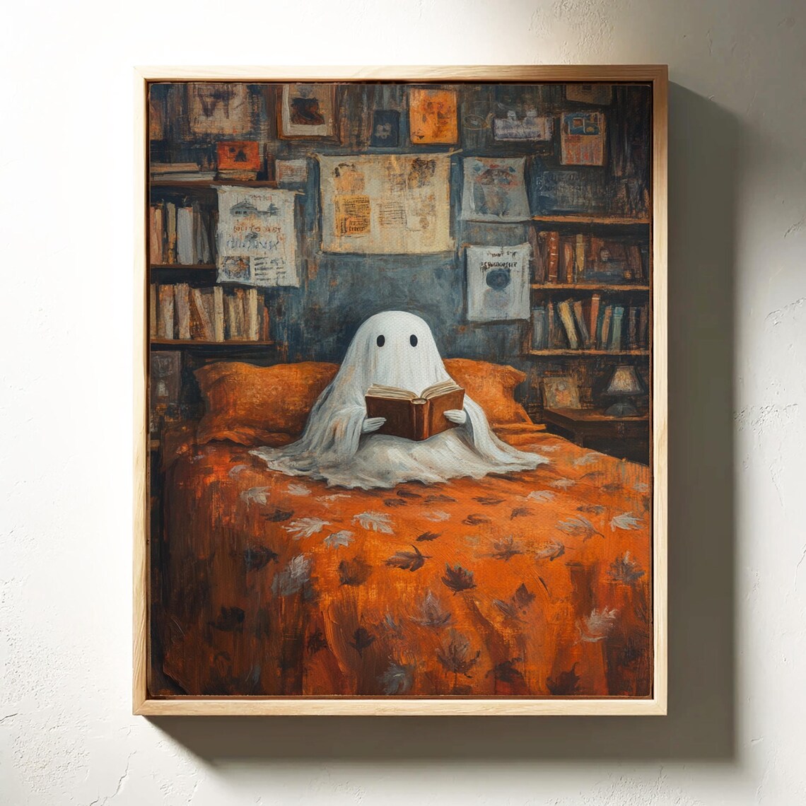 Whimsical Ghost Reading on Cozy Bed, Halloween - Image 6