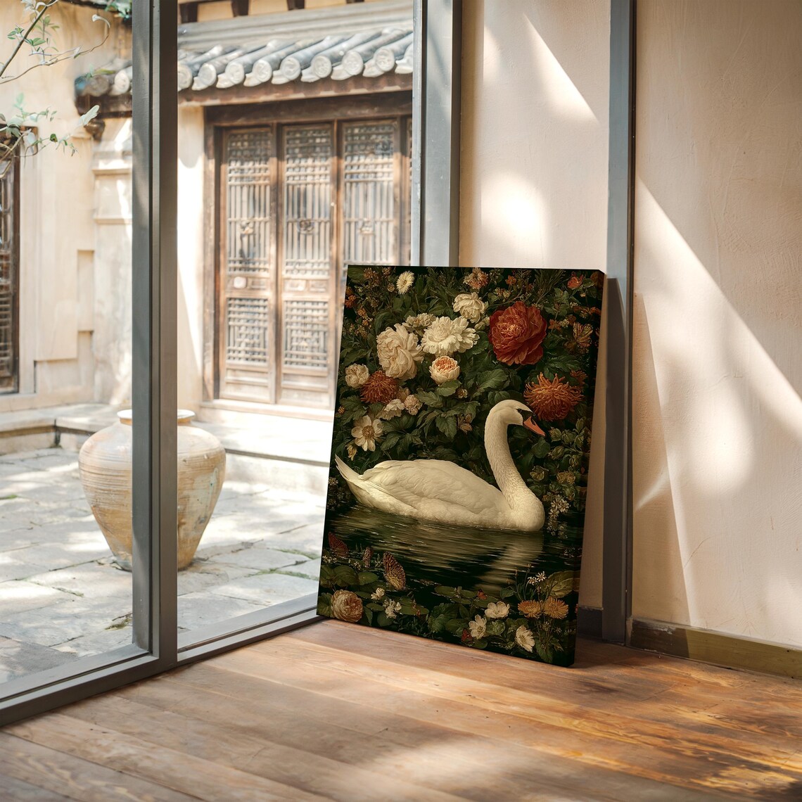 Elegant White Swan in Dark Moody Floral Garden Painting Poster