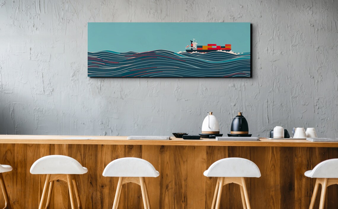 Panoramic Cargo Ship in Ocean, Nautical Art Print - Image 6