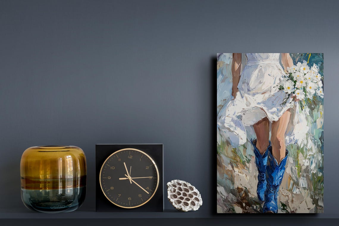 Bride Blue Cowboy Boots Daisy Bouquet Western Wedding Art Poster - Image 6
