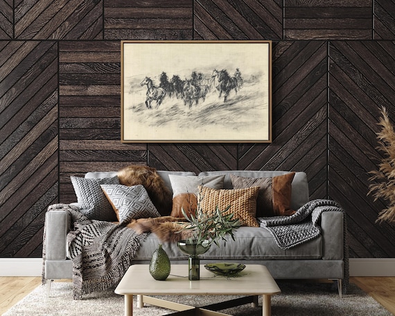Wild Horse Herd Running Sketch Vintage Western Cowboy Art Poster