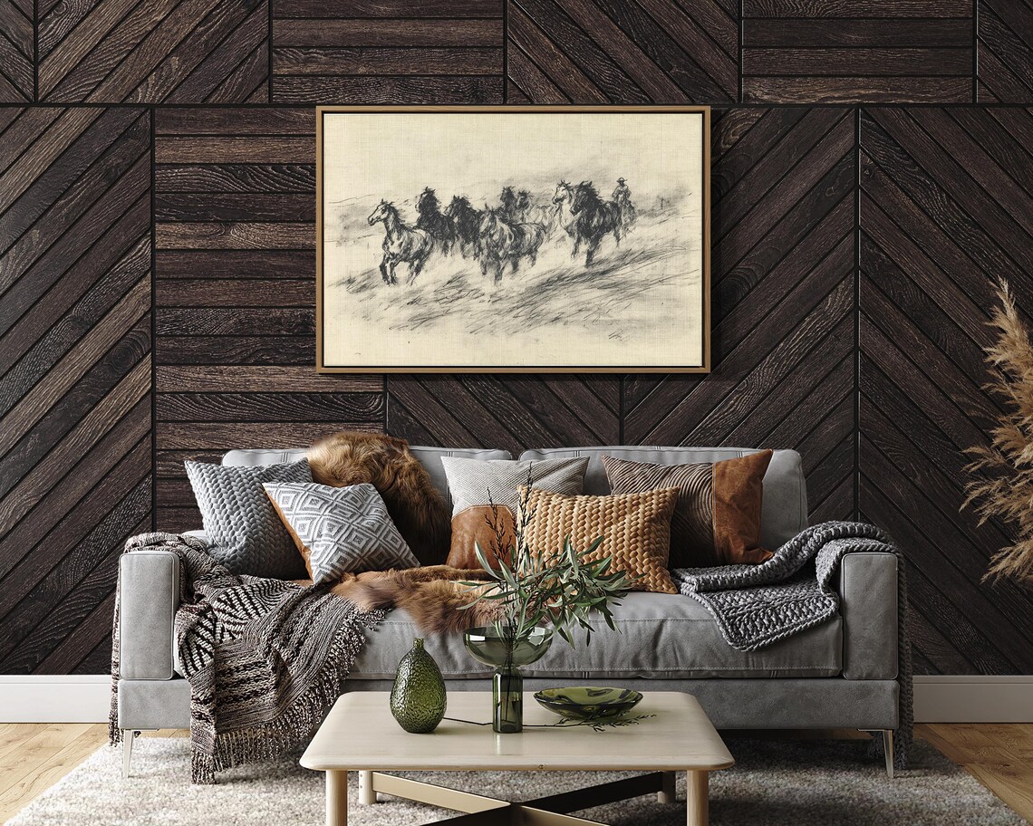Wild Horse Herd Running Sketch Vintage Western Cowboy Art Poster