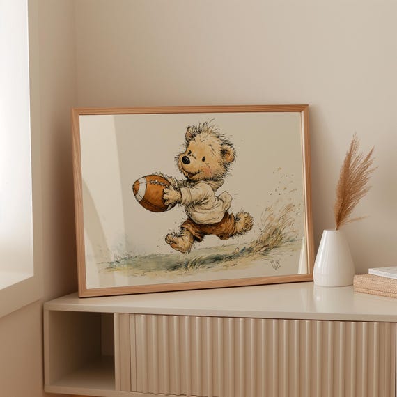 Cute Football Bear Canvas Wall Art Whimsical Sports Nursery Decor Playful Animal Illustration For Kids Room Gift Baby Boy Or Girl