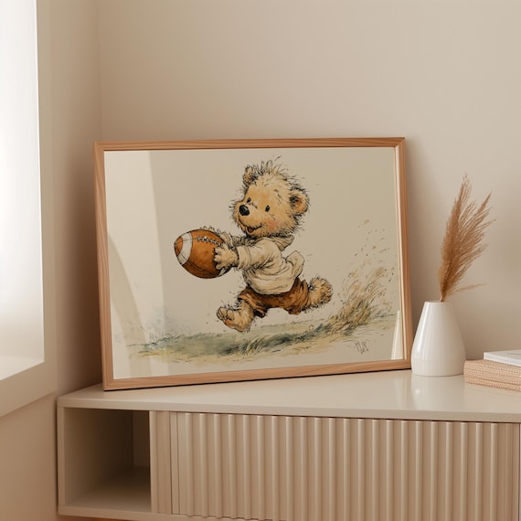 Playful Bear Running with Football Watercolor Nursery Sports Poster