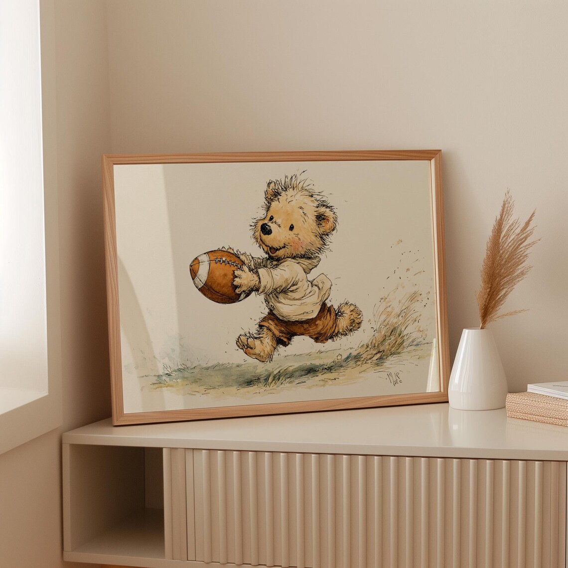 Playful Bear Running with Football Watercolor Nursery Sports Poster