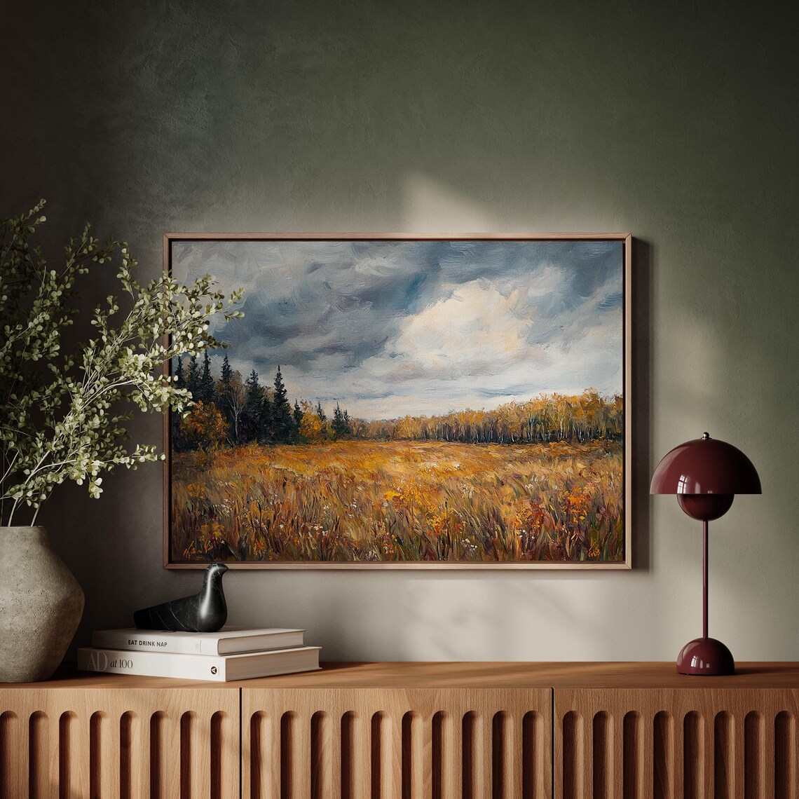 Stormy Autumn Meadow Golden Field Moody Landscape Oil Poster
