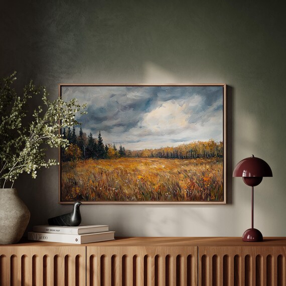 Stormy Autumn Meadow Golden Field Moody Landscape Oil Poster