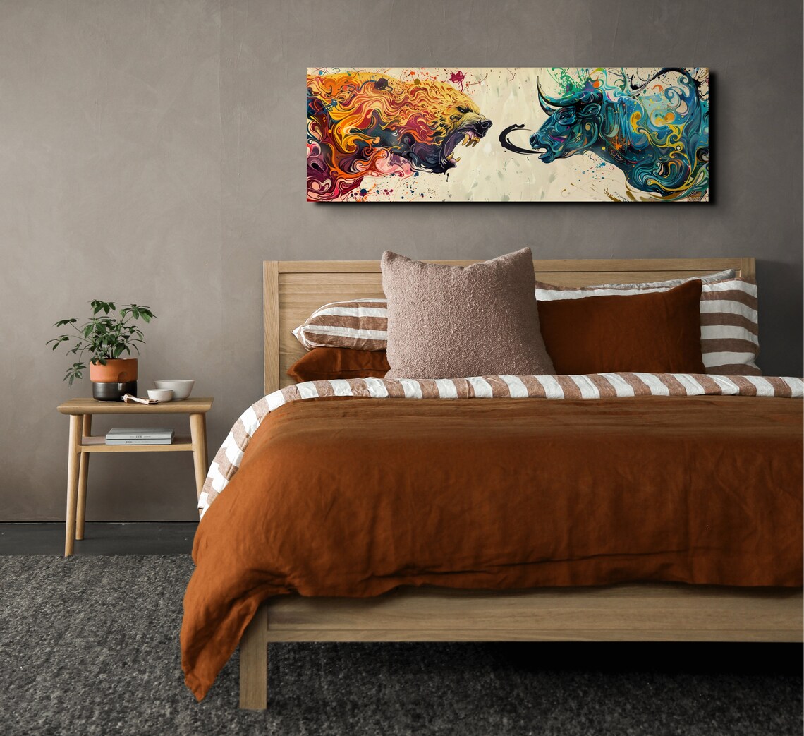 Bull Vs Bear Stock Market Duel Fiery Abstract Animal Heads Panoramic Poster - Image 4