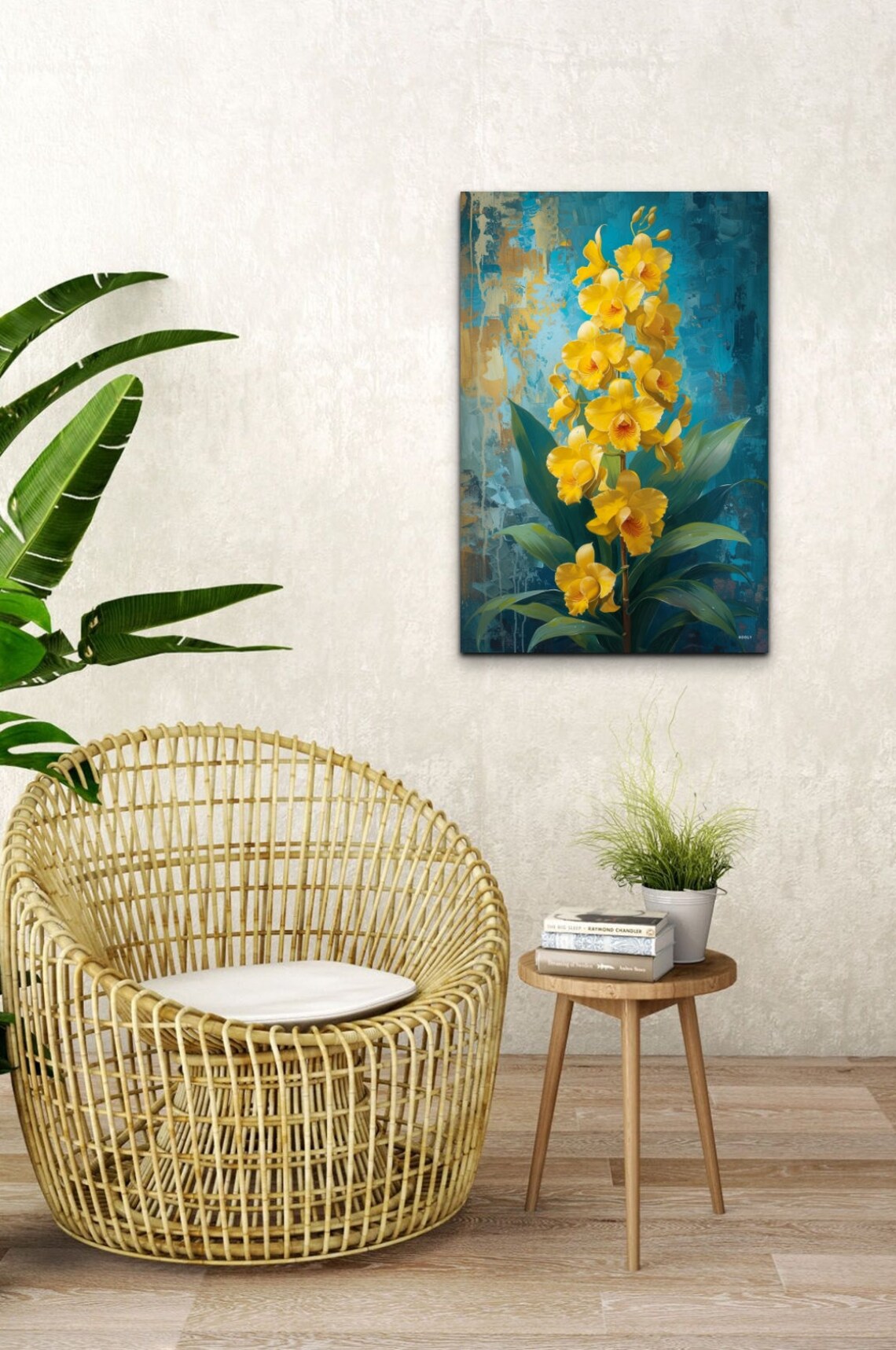 Tall Yellow Orchid Stem Painterly Blue And Gold Floral Art Poster - Image 7