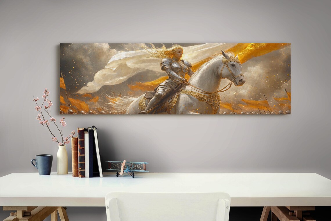 Heroic Female Knight On White Horse Epic Fantasy Battle Art Poster