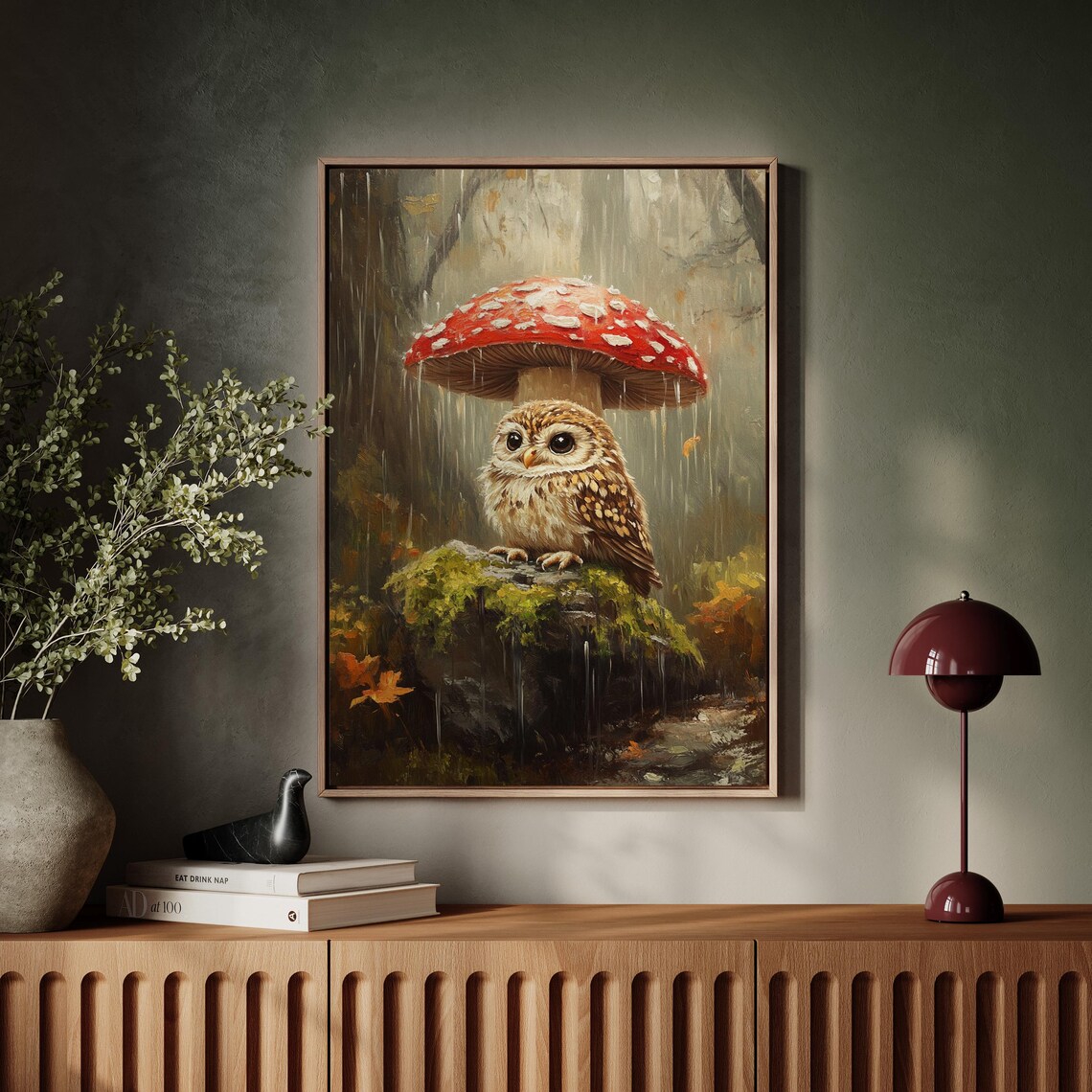 Baby Owl Sheltered By Red Mushroom Woodland Rain Painting Poster - Image 7