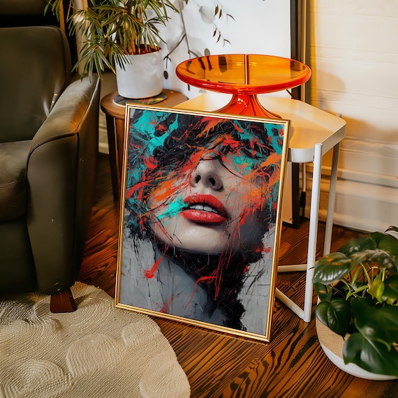 Abstract Woman Face Bold Red Lips Color Splash Street Art Poster