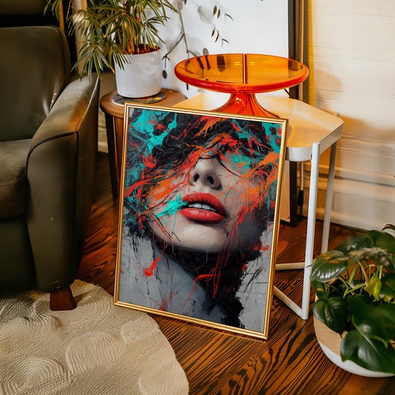 Abstract Woman Face Canvas Wall Art Bold Red Lips Paint Splash Expressionism Modern Pop Print For Edgy Contemporary Decor