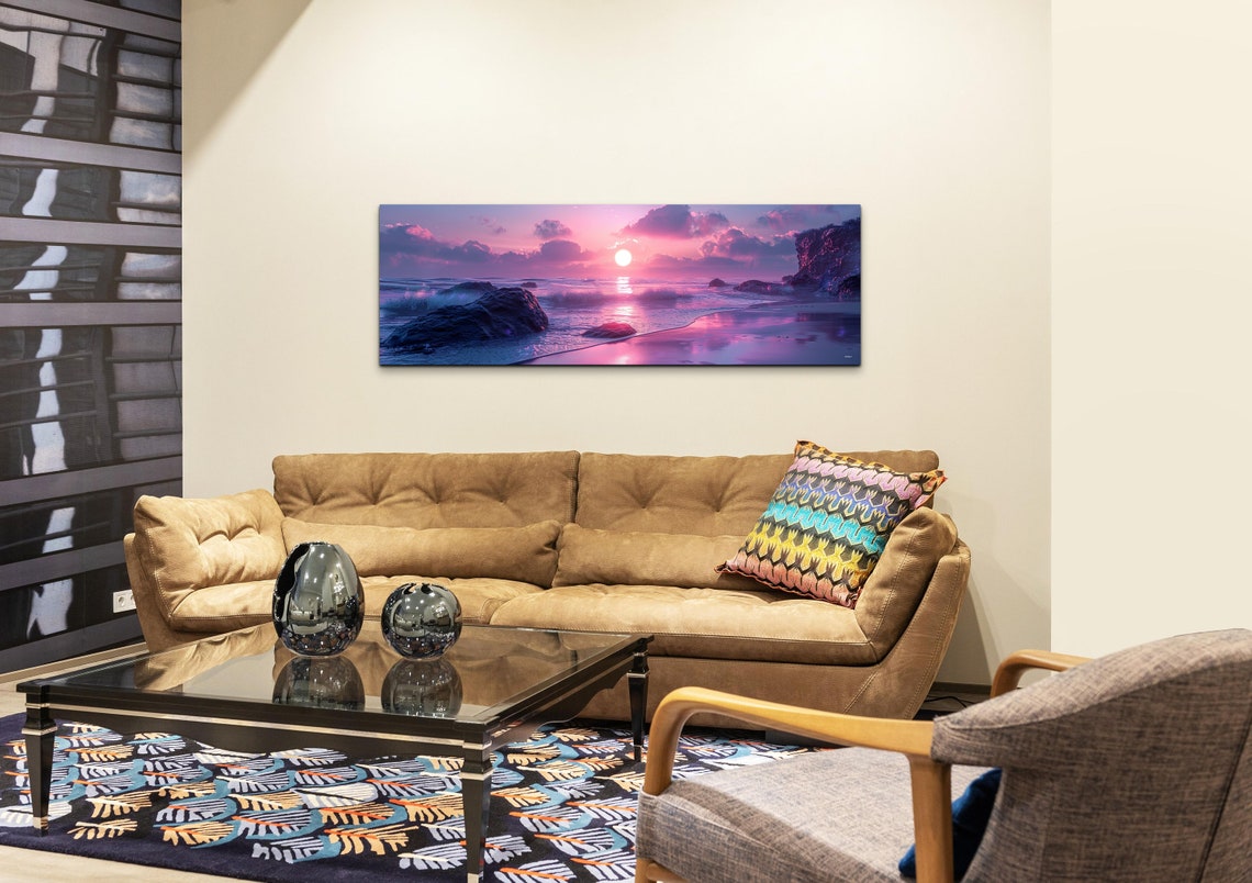 Pink Sunset Over Rocky Beach Purple Ocean Waves Panorama Wall Art - Image 4