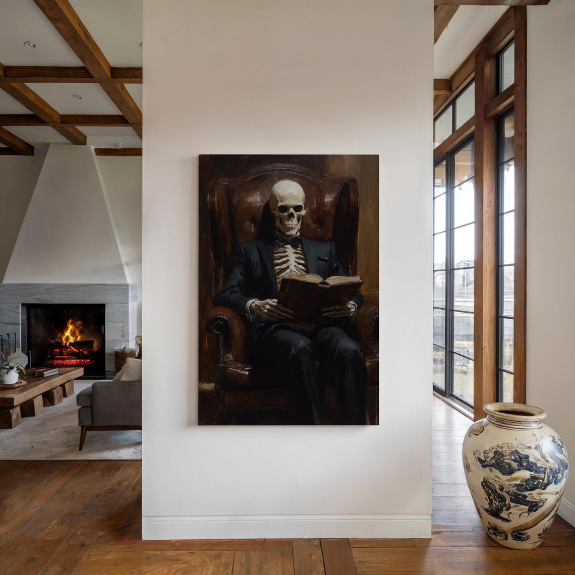 Gothic Skeleton in a Dark Suit Reading in a Vintage Chair Poster - Image 6