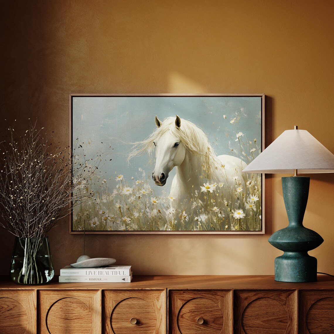 White Horse Among Daisies Gazing Out Dreamy Equine Art Poster - Image 7