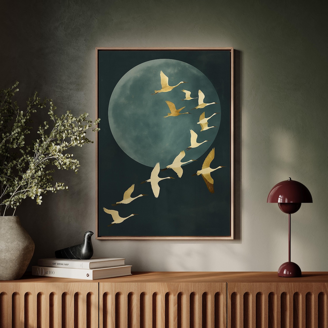 Golden Cranes Past Full Moon, Japanese Minimalist Art Print