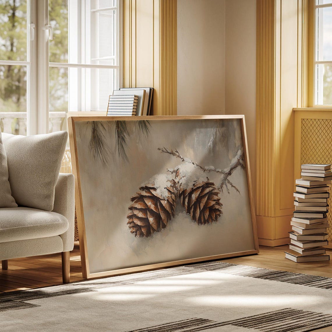 Beautiful Snow Dusted Pine Cones Resting on a Winter Branch Poster - Image 7
