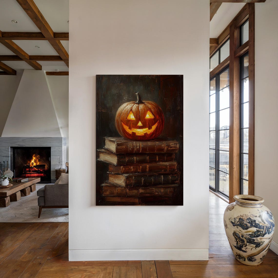Glowing Jack O Lantern Resting on a Stack of Vintage Books Poster - Image 5