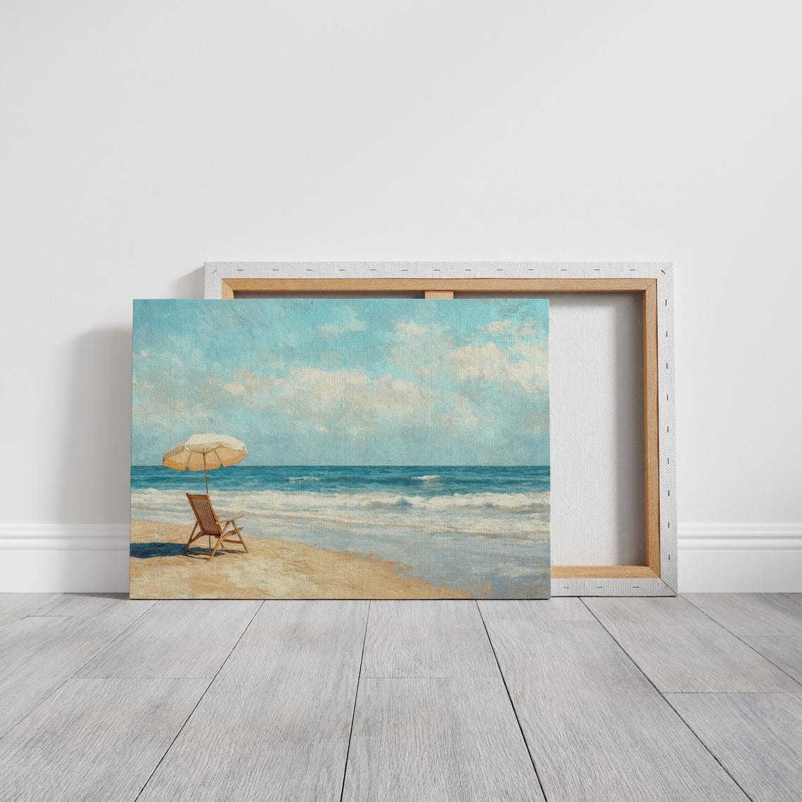 Sunlit Beach Umbrella and Wooden Chair Ocean Waves Painting Poster - Image 3