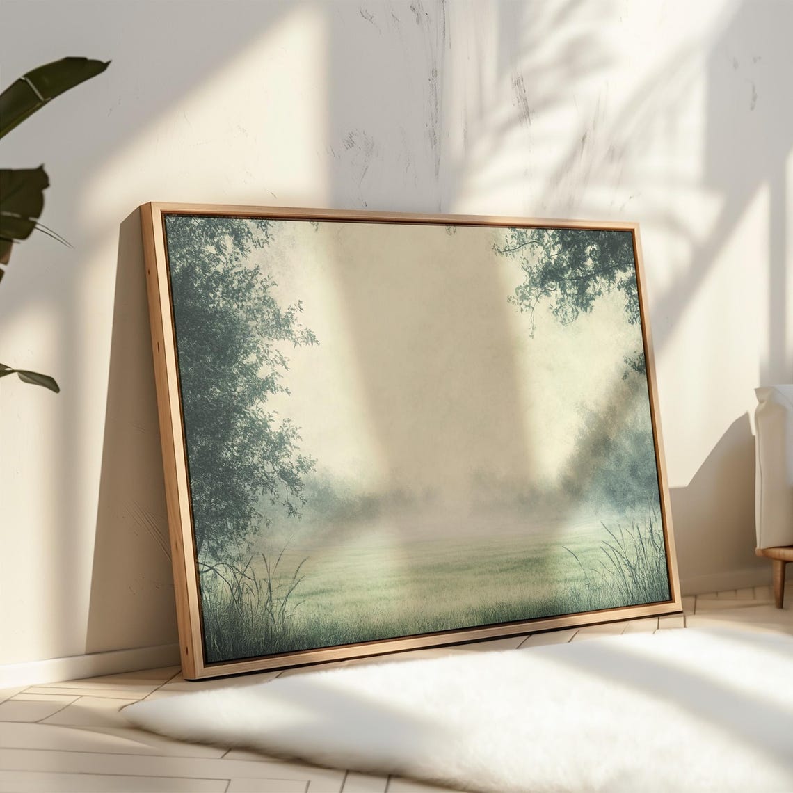Tranquil Misty Meadow With Soft Fog And Tree Lined Green Field Poster