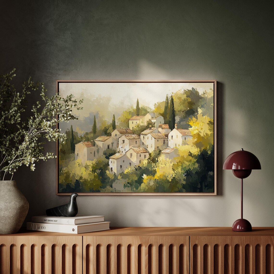 Charming Italian Village Cypress Trees Green Golden Hills Wall Art - Image 3