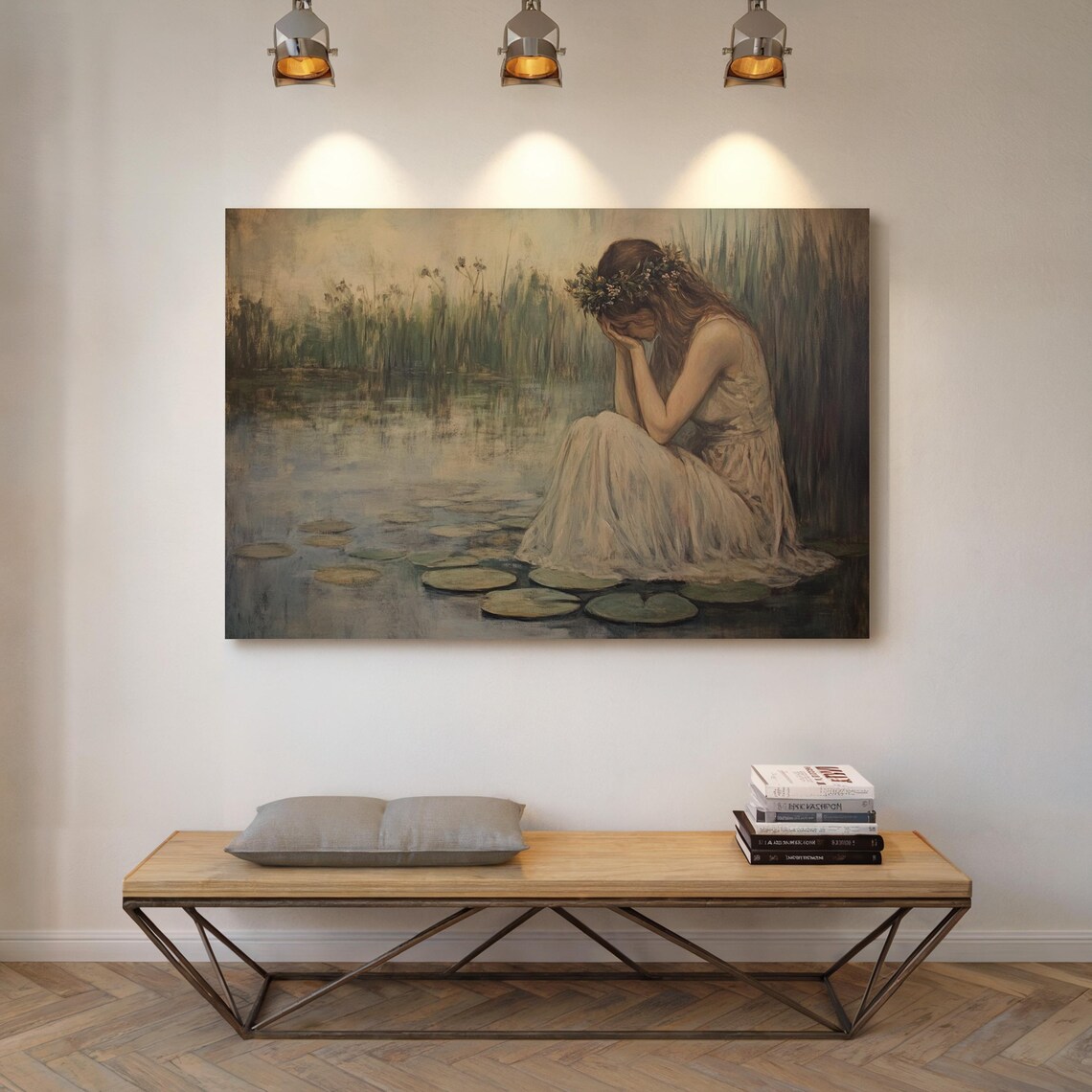 Weeping Woman in White Dress with Flower Crown on Lily Pads Poster - Image 5