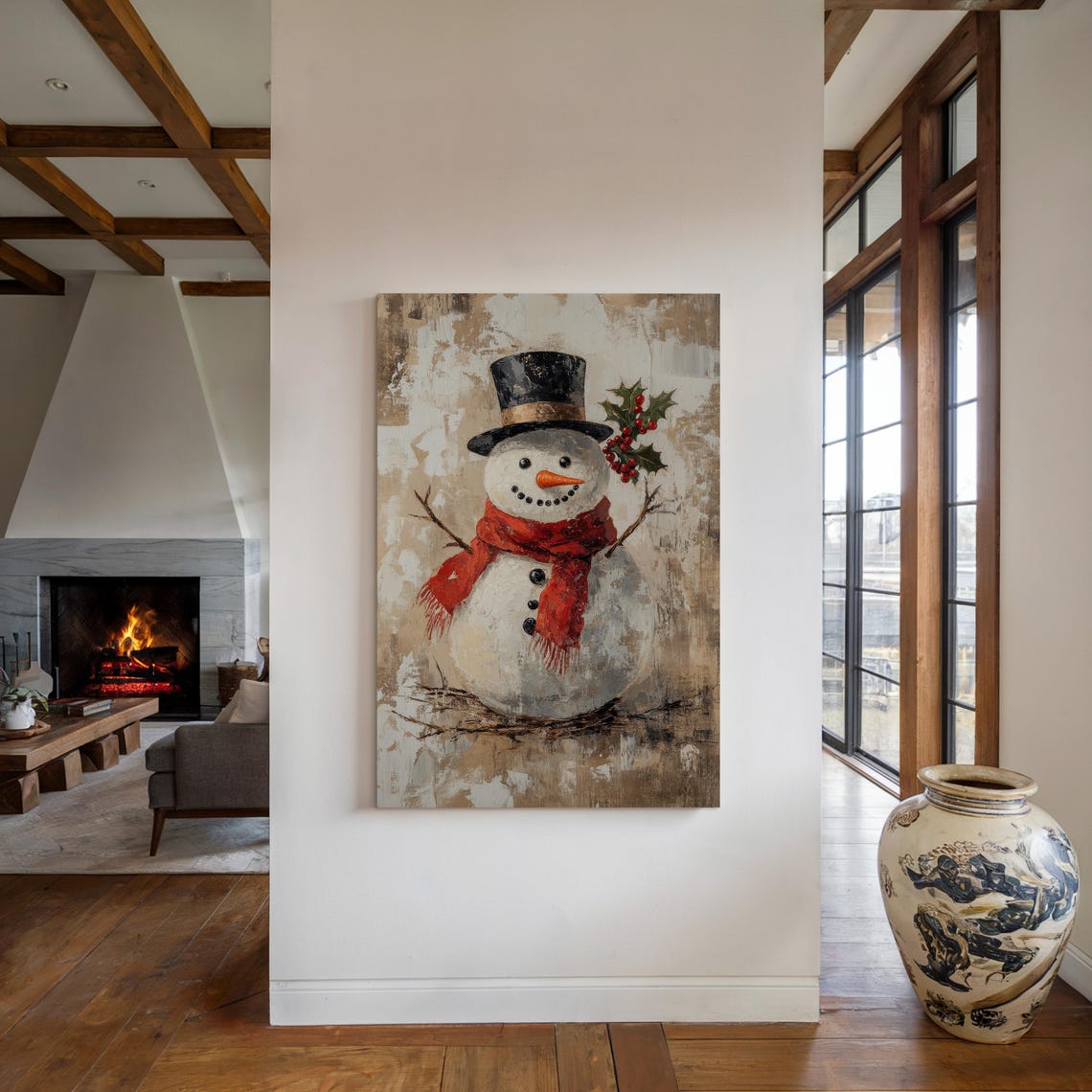 Vintage Snowman With Top Hat Red Scarf And Holly Berries Rustic Poster - Image 4