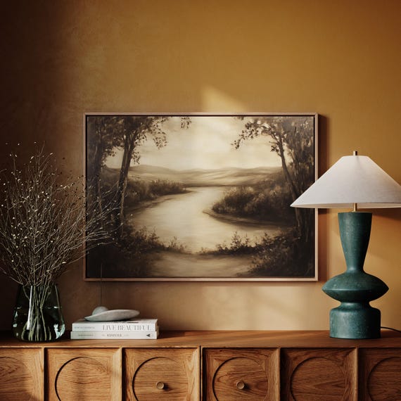 Sepia River Landscape Canvas Wall Art Tranquil Vintage Oil Painting Style Nature Scene Rustic Home Decor For Living Room