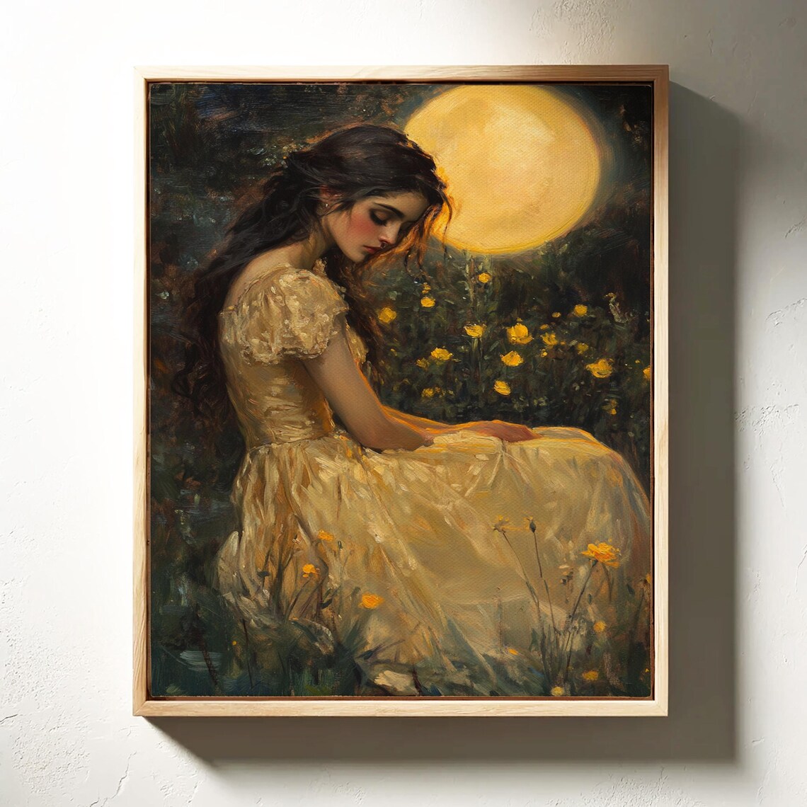 Elegant Woman Cream Gown Moonlit Meadow Yellow Flowers Poster - Image 6